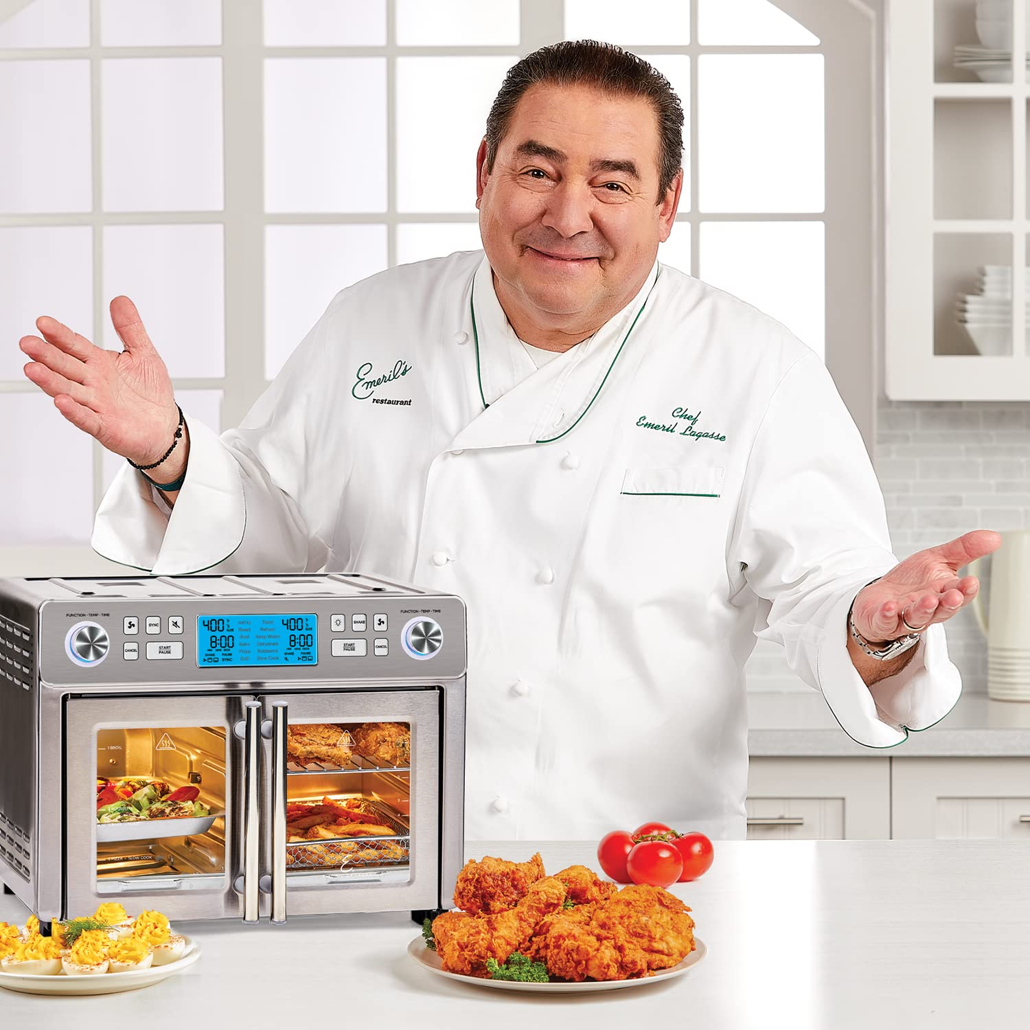 Emeril Lagasse Dual Zone Oven: 25QT air fryer oven, dual cooking zones, fast cooking, French doors, large capacity.