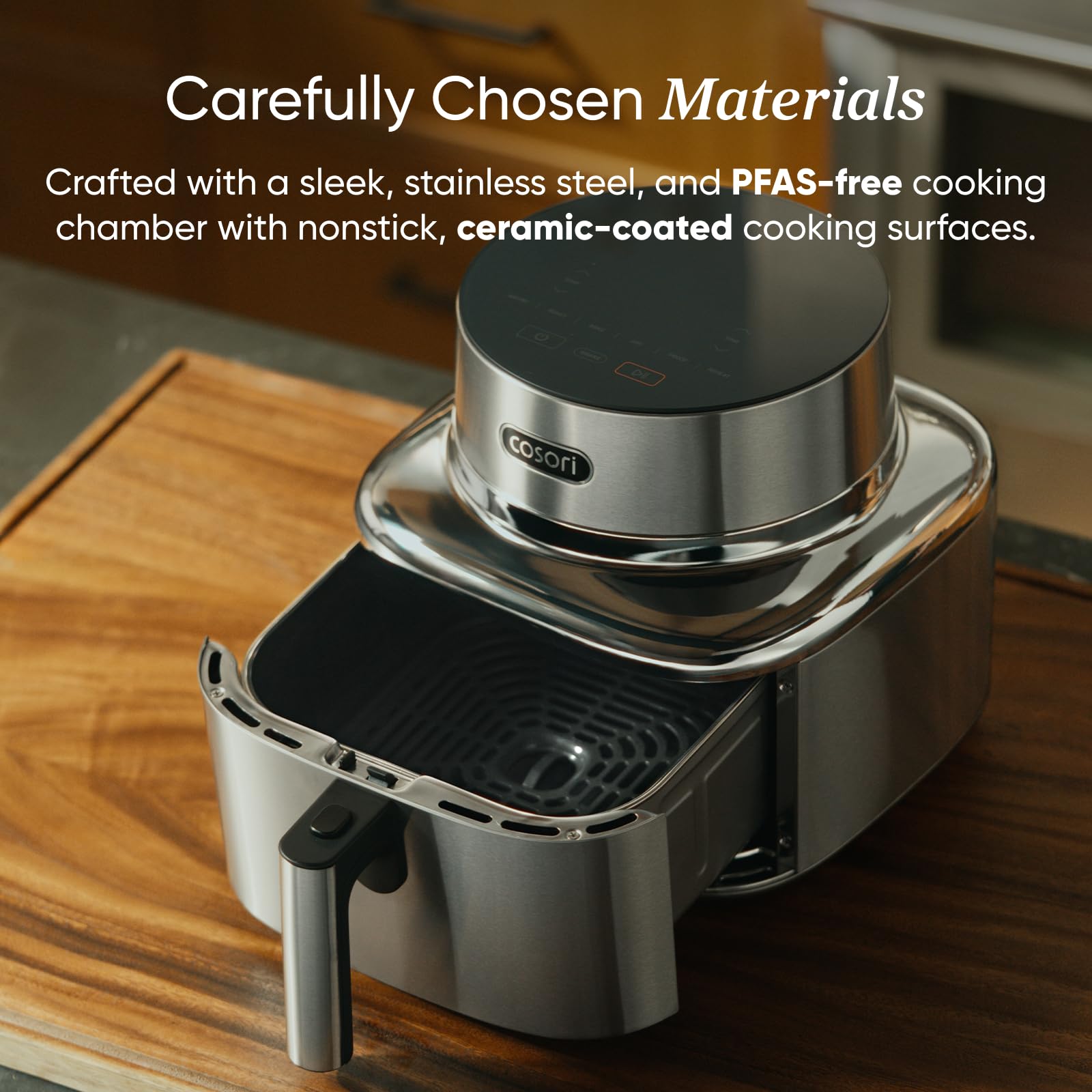 Cosori Iconic Air Fryer: 6.5QT, smart functions, PFAS-free coating, 450°F cooking, versatile and consistent results.